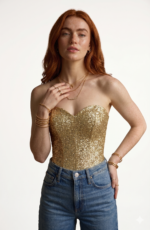 Corset Top Feminino Paetê Dourado Brilho Premium Festa