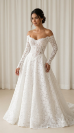 Vestido de Noiva Longo em Renda com Decote Ombro a Ombro e Saia Godê