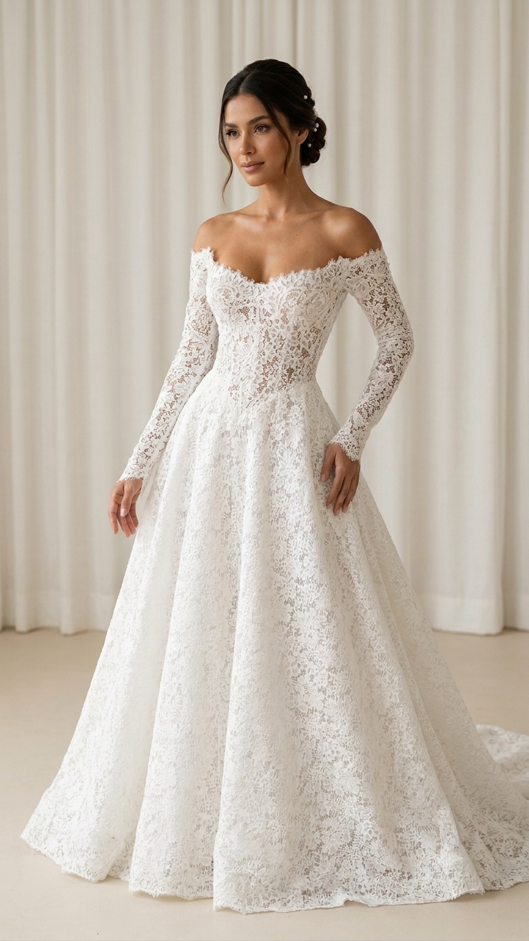 2 Vestido de Noiva Longo em Renda com Decote Ombro a Ombro e Saia Godê - Imagem 1