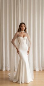 Vestido de Noiva Sereia em Bucol com Corset Estruturado e Capa em Tule Bordado com Pérolas