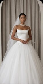 Vestido de Noiva Princesa Romântico com Corset Estruturado e Saia Volumosa em Tule