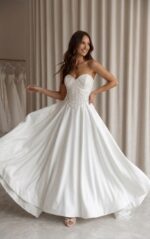 Vestido de Noiva Evasê em Zibeline com Corset Estruturado Bordado em Pérolas