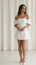 Vestido de Noiva Curto em Bucol com Gola Ombro a Ombro - Imagem 2