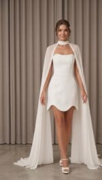 Vestido de Noiva Curto em Cetim Bucol Estruturado com Lenço Longo