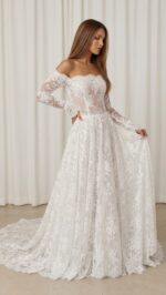 Vestido de Noiva Longo Boho em Renda com Mangas Longas e Cauda - Imagem 2
