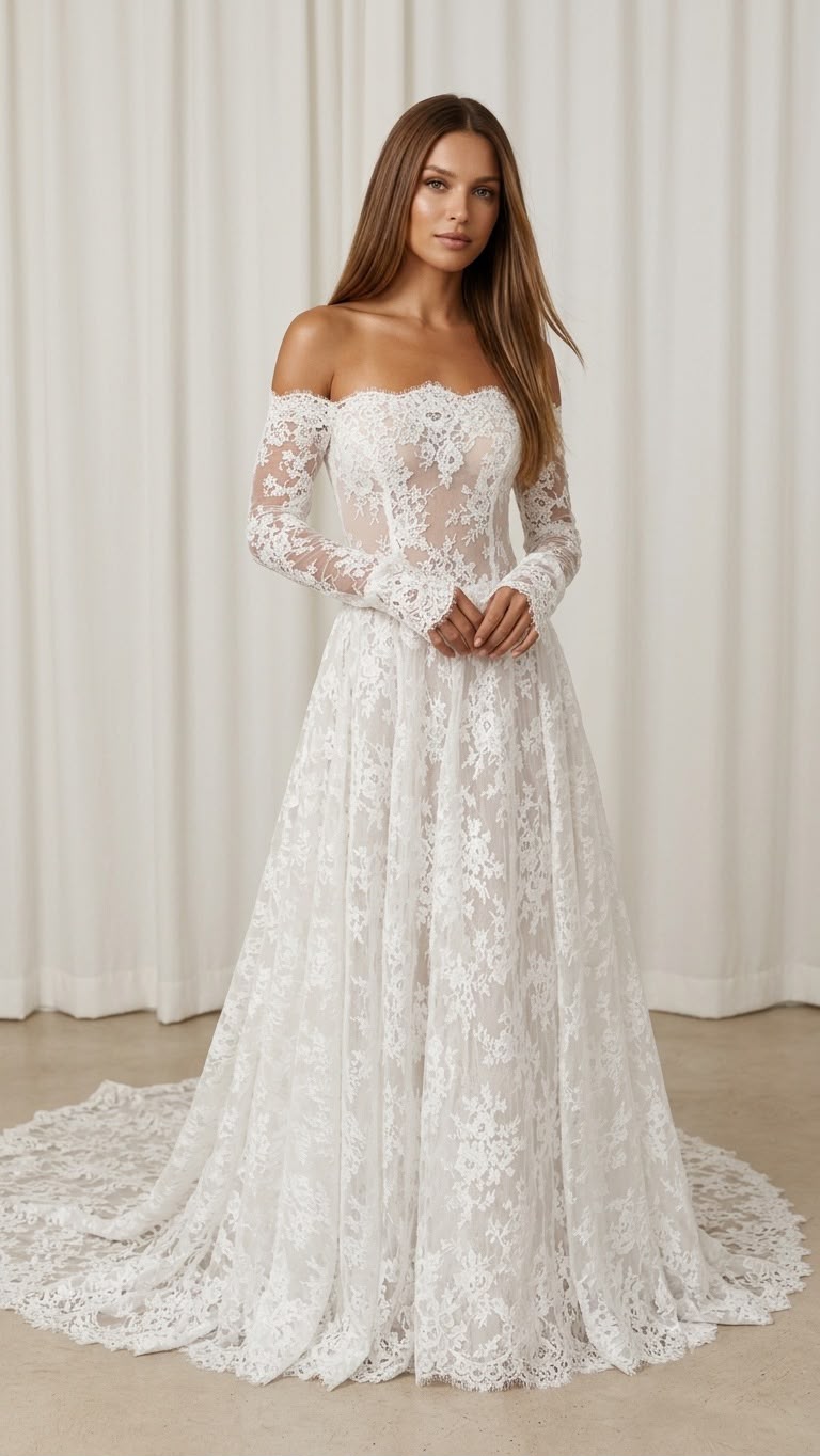WhatsApp Image 2026-07-17 at 16.14.59 Vestido de Noiva Longo Boho em Renda com Mangas Longas e Cauda - Imagem 1
