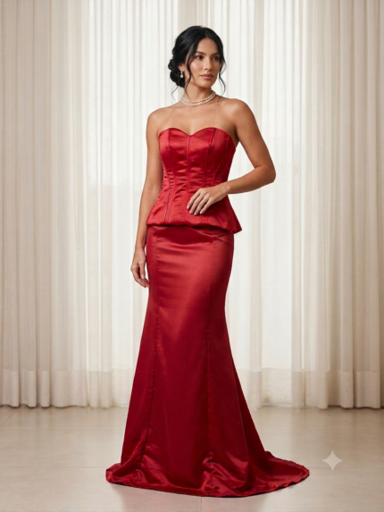 Conjunto vermelho em cetim bucol com corset e saia sereia