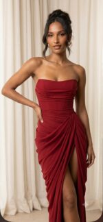 Vestido de Festa Longo Tomara que Caia com Corset, Fenda e Drapeado Vermelho Bordô
