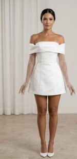 Vestido Curto de Noiva em Cetim Bucol Ombro a Ombro com Mangas de Tule Bordado - Imagem 2