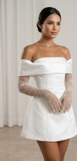 Vestido Curto de Noiva em Cetim Bucol Ombro a Ombro com Mangas de Tule Bordado
