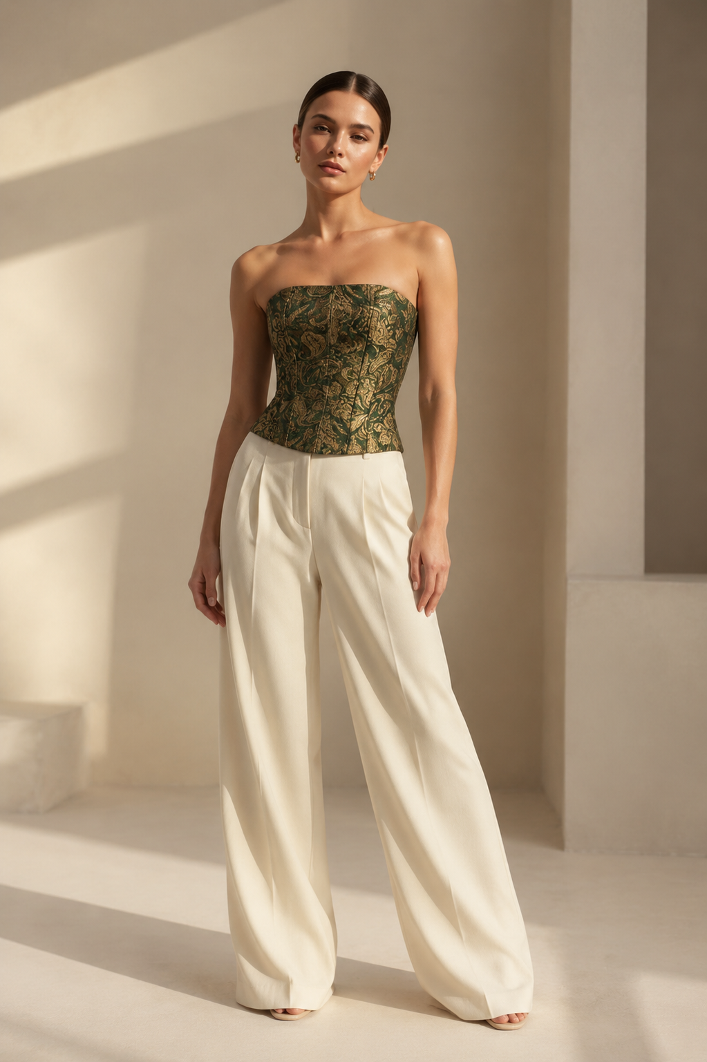 corset-evora-verde-dourado-frente.webp Corset Feminino Estruturado Tomara que Caia Verde e Dourado Évora - Imagem 1