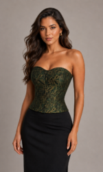 Corset Feminino Estruturado Verde e Dourado Decote Coração Firenze