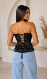 Corset Feminino Estruturado Preto Acetinado com Amarração Mônaco - Imagem 3