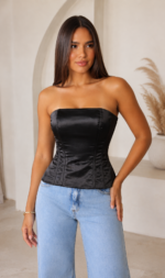 Corset Feminino Estruturado Preto Acetinado com Amarração Mônaco - Imagem 2