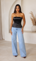 Corset Feminino Estruturado Preto Acetinado com Amarração Mônaco