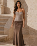 Corset Feminino Estruturado Decote Coração Bege e Dourado Siena