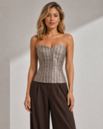Corset Feminino Estruturado Listrado Taupe Decote Coração Toscana